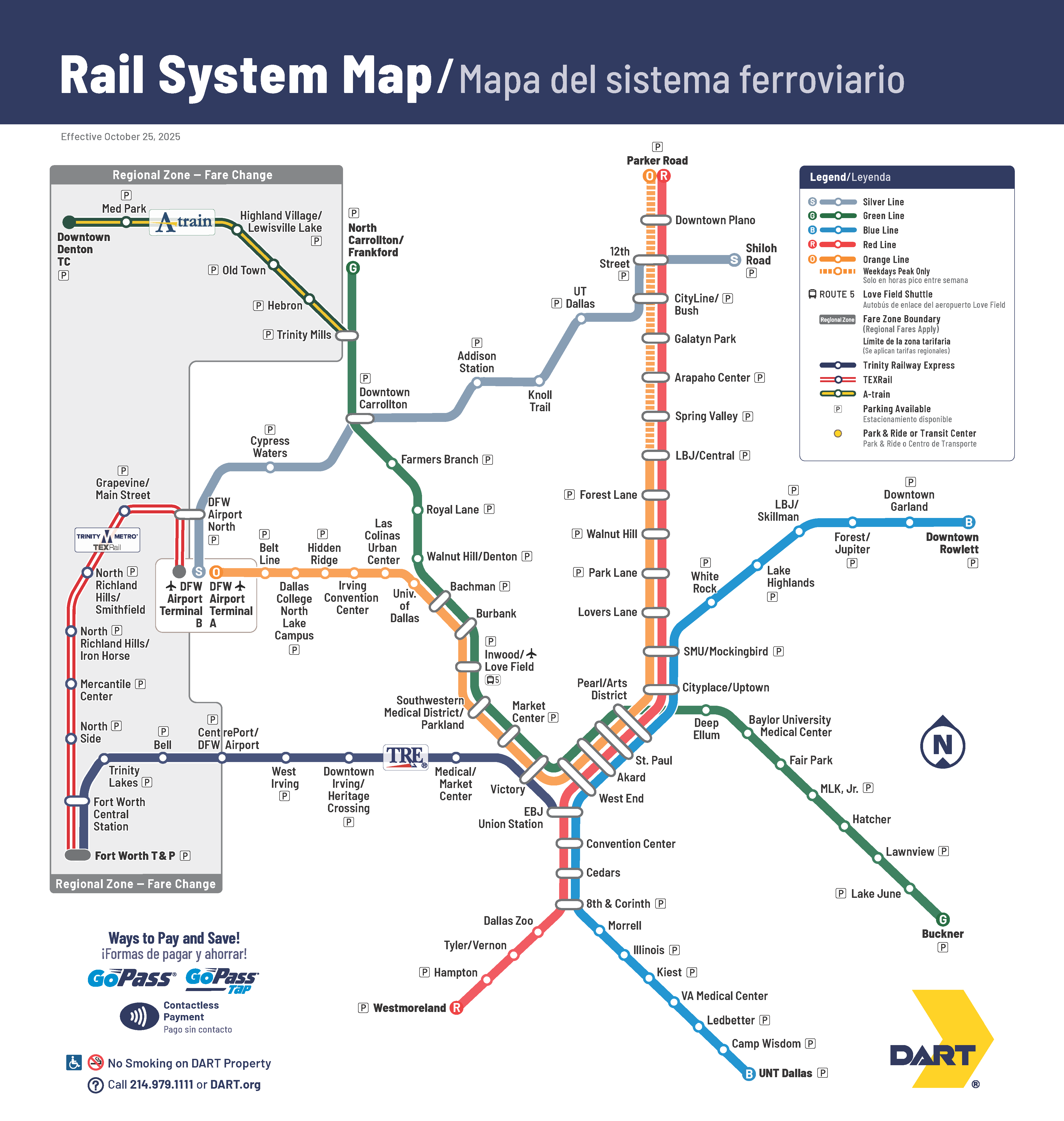 DART Rail System Map - ダラス市内鉄道路線図